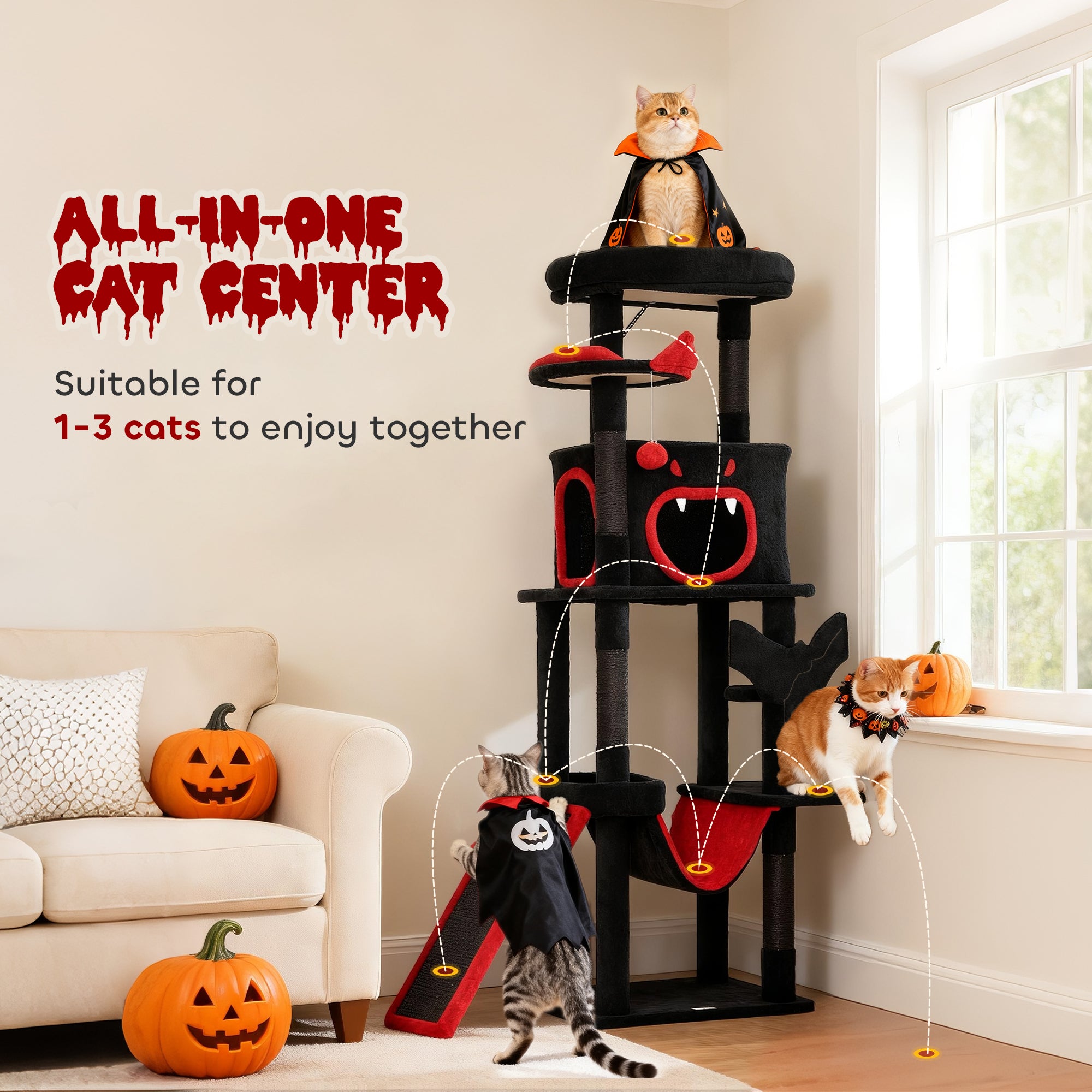 Gothic Cat Tree, 60" Multi-Level Cat Tower for Indoor Kittens Large Adult with Coffin Bed, Sisal Scratching Posts & Ramp, Condo, Hammock, Perches, Dangling Toys, Black