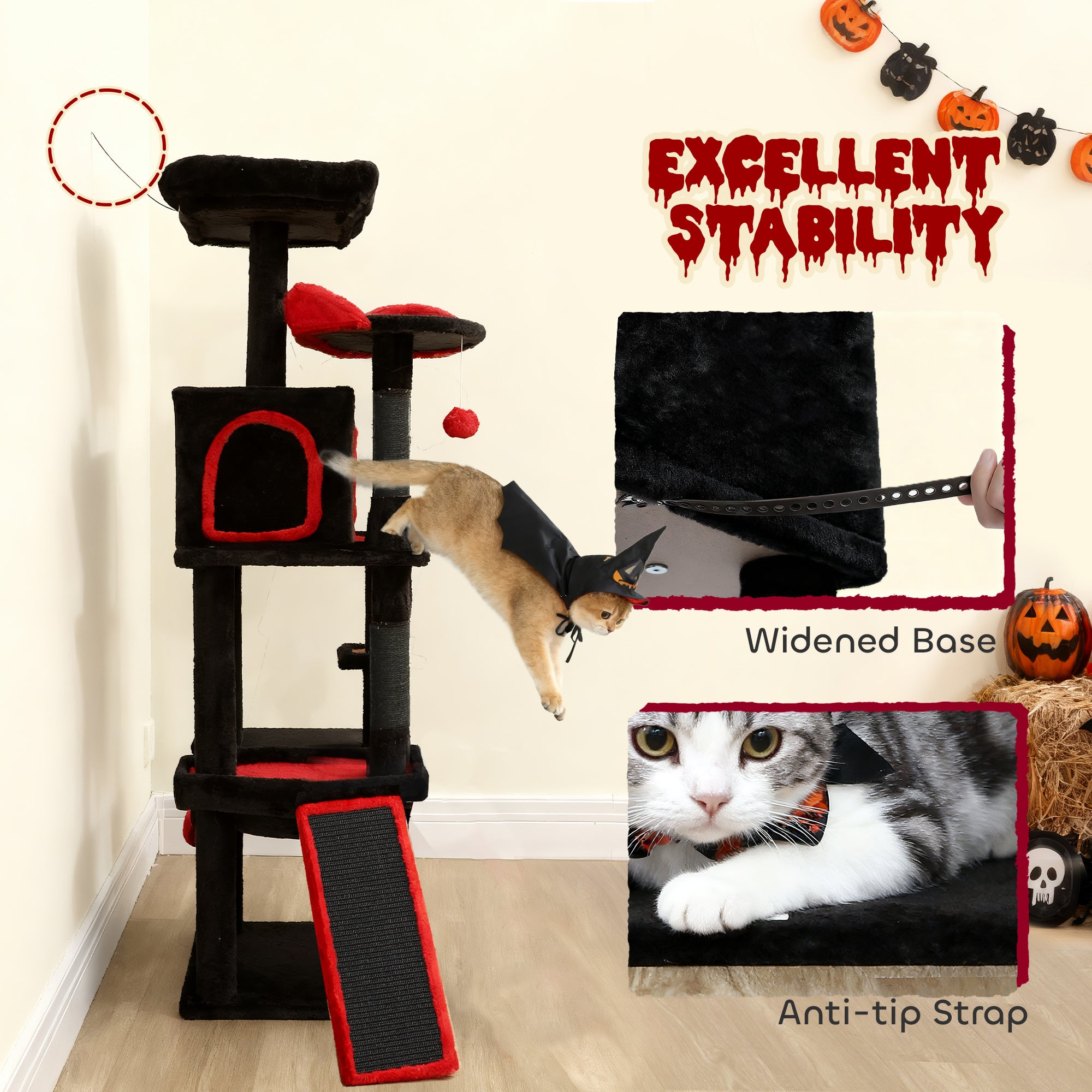 Gothic Cat Tree, 60" Multi-Level Cat Tower for Indoor Kittens Large Adult with Coffin Bed, Sisal Scratching Posts & Ramp, Condo, Hammock, Perches, Dangling Toys, Black