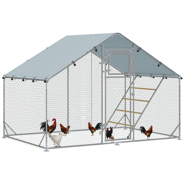 Chicken Run, Large Metal Chicken Coop with Feeding Door, Waterproof & UV-Resistant Cover, Hanging Feeder, Perch, Poultry Cage for Outdoor, Backyard, Farm, for 6-8 Chickens
