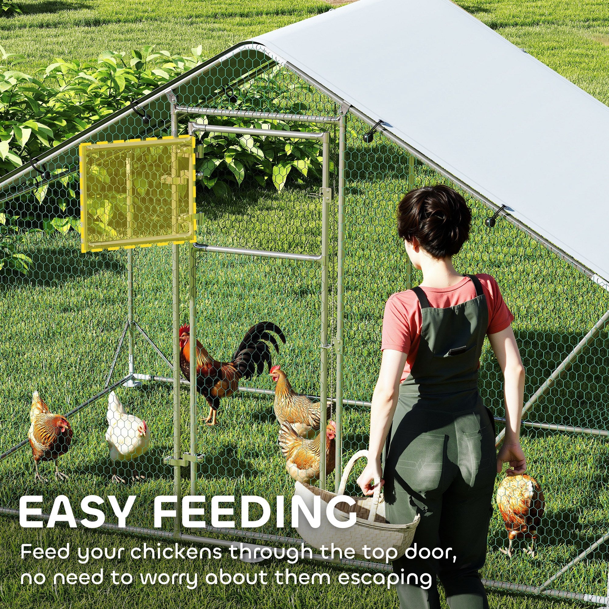 Chicken Run, Large Metal Chicken Coop with Feeding Door, Waterproof & UV-Resistant Cover, Hanging Feeder, Perch, Poultry Cage for Outdoor, Backyard, Farm, for 6-8 Chickens