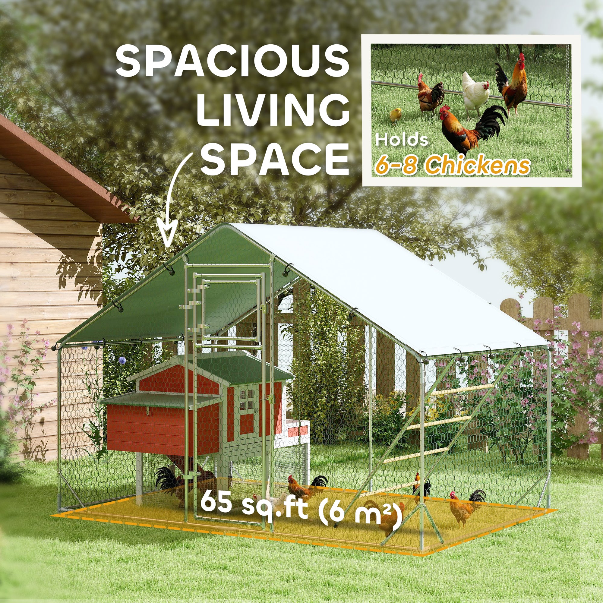 Walk-in Chicken Run, Galvanised Chicken Coop with Water-Resistant and UV-Resistant Cover, Feeding Door, Hanging Feeder, Perch, Hen Poultry House, for 6-8 Chickens, Ducks, Rabbits, Geese
