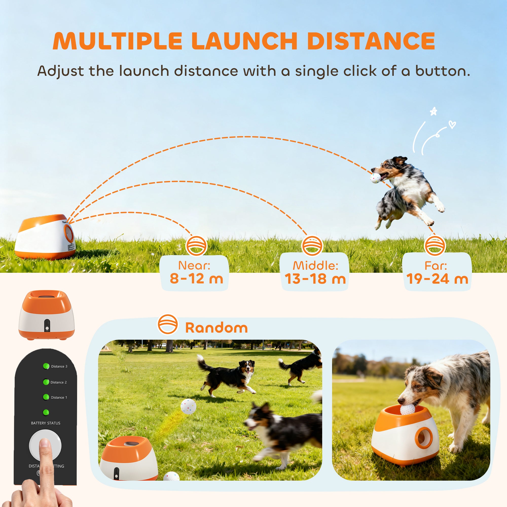 Dog Ball Launcher Automatic, 26-79 FT Adjustable Distance, Rechargeable Dog Ball Thrower with 6 ETPU Tennis Fetch Toys 2.5", Low Noise, Remote Control, for Medium to Large Breeds, Orange