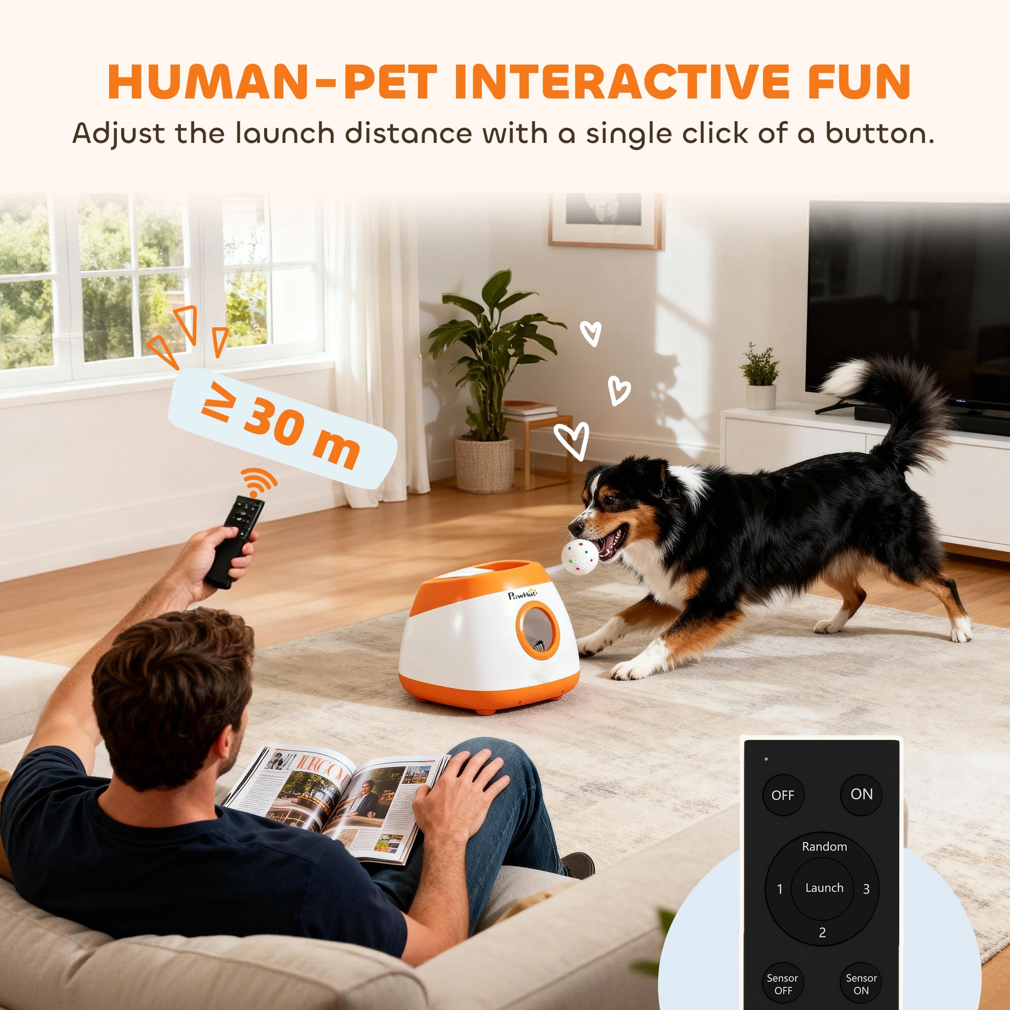 Dog Ball Launcher Automatic, 26-79 FT Adjustable Distance, Rechargeable Dog Ball Thrower with 6 ETPU Tennis Fetch Toys 2.5", Low Noise, Remote Control, for Medium to Large Breeds, Orange