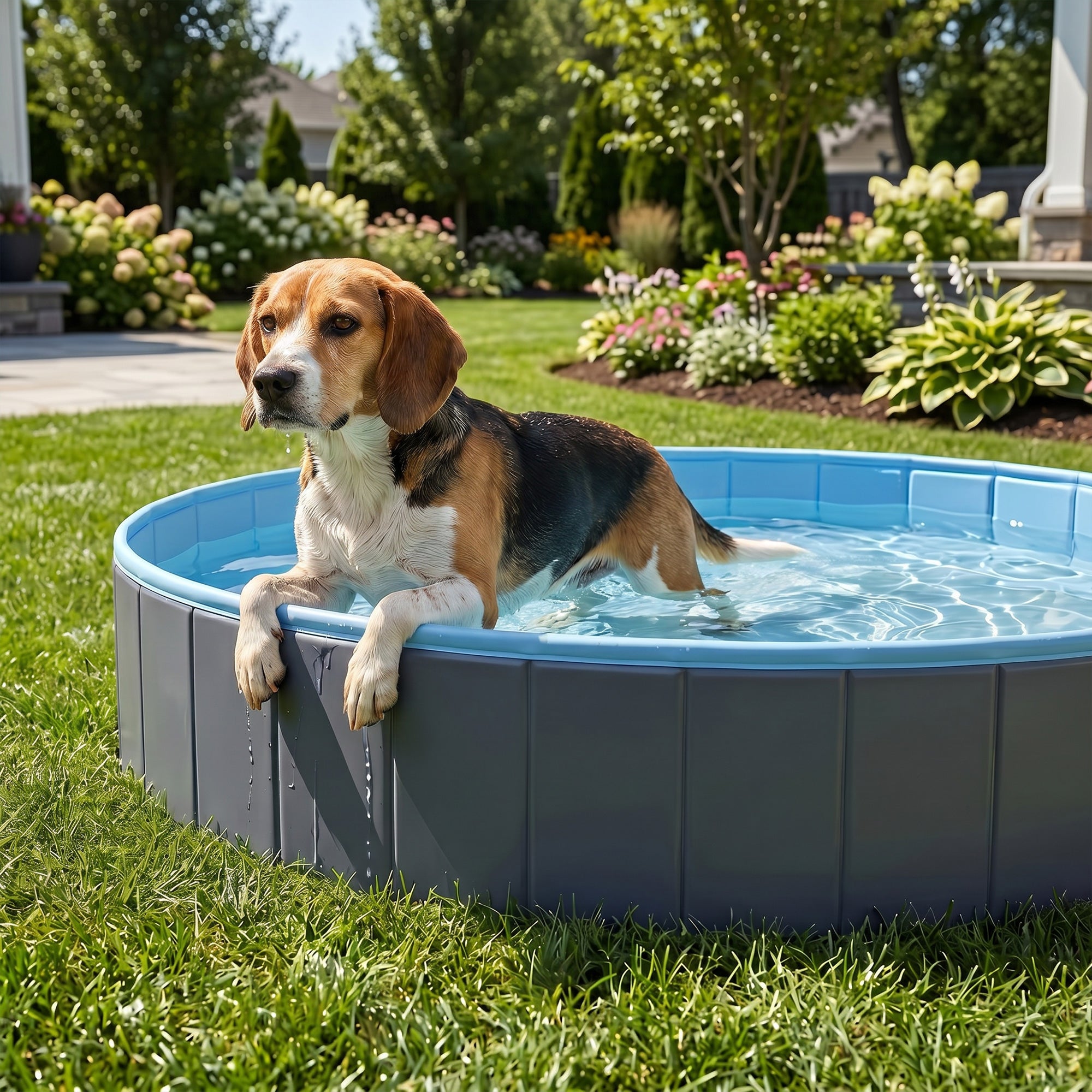 Foldable Dog Pool for Puppies and Ducks, Thickened PVC Dog Paddling Pool Bath Tub Hard Board, Anti-Slip Bottom and Hose Adapter for Easy Drainage, 120 x 30cm, Dark Grey and Blue