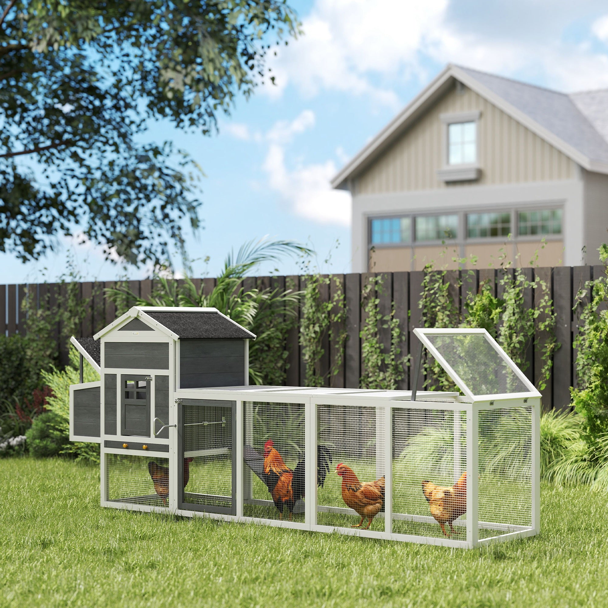 117" Chicken Coop, Wooden Rabbit Hutch with Chicken Run, Slide-out Tray, Asphalt Roof, Nesting Box - Grey and White