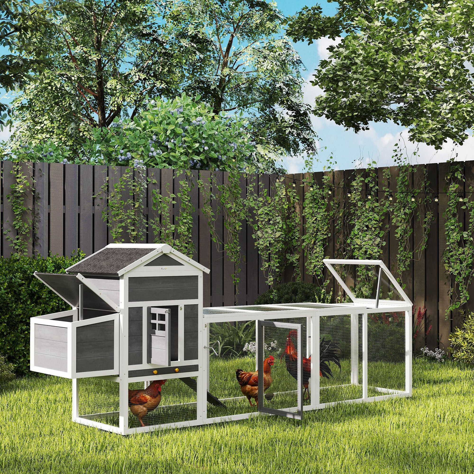 117" Chicken Coop, Wooden Rabbit Hutch with Chicken Run, Slide-out Tray, Asphalt Roof, Nesting Box - Grey and White