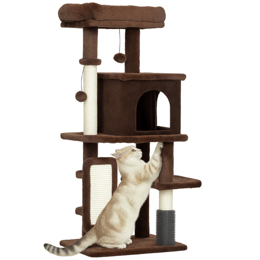 Cat Tree for Large Cat Adults, 41 Inch Cat Tower for Indoor Cats w/ Scratching Posts, Cat Bed, Condo, Grooming Brush, Jumping Platforms, Toy Balls, Anti-tip Kit, Brown