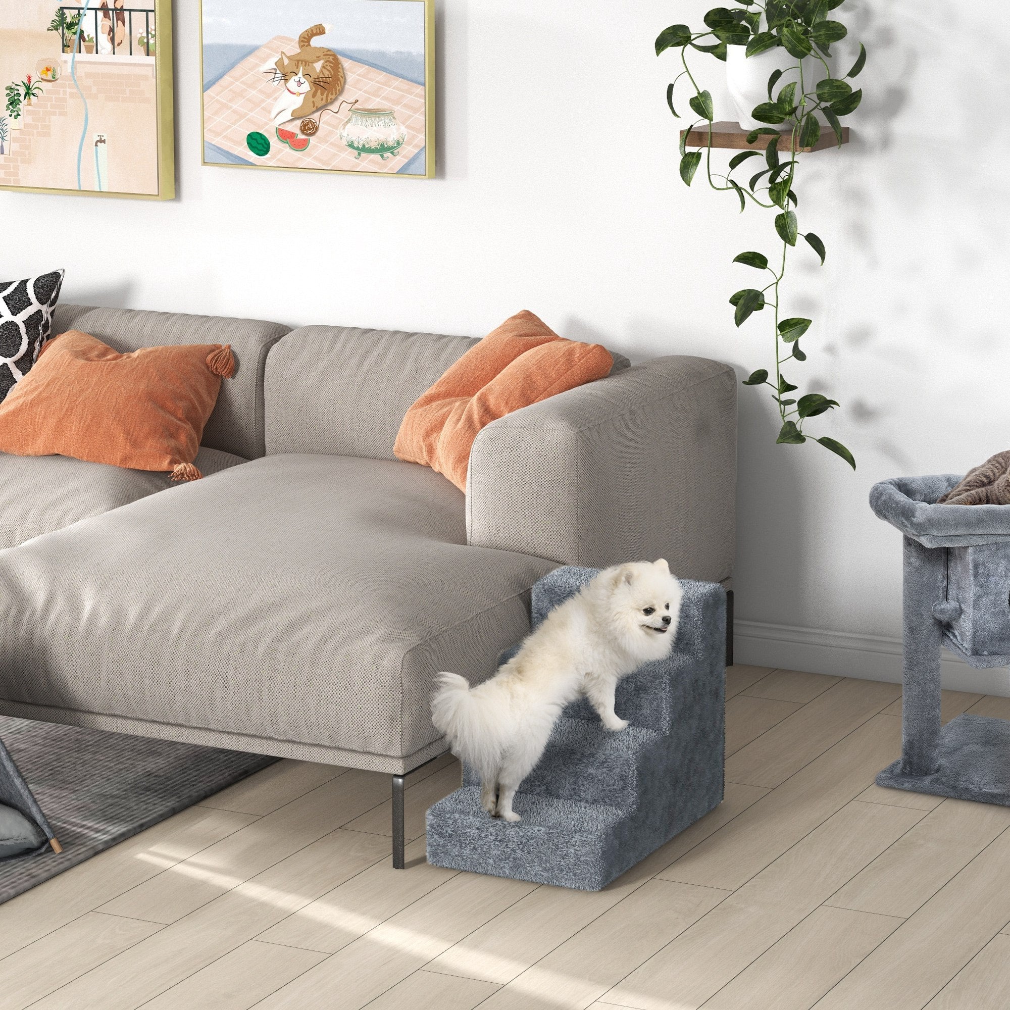 Dog Steps for Sofa, 4 Steps Dog Stairs, Pet Stairs, with Washable Plush Cover, for Small Breeds, Cats - Light Grey