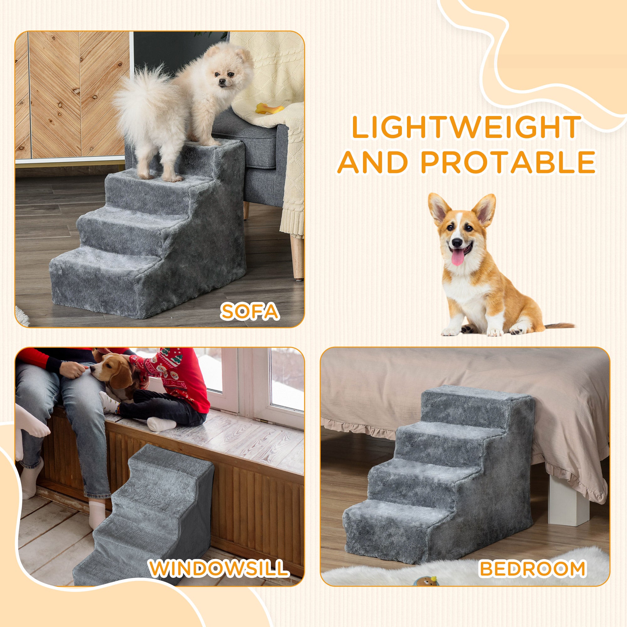 Dog Steps for Sofa, 4 Steps Dog Stairs, Pet Stairs, with Washable Plush Cover, for Small Breeds, Cats - Light Grey