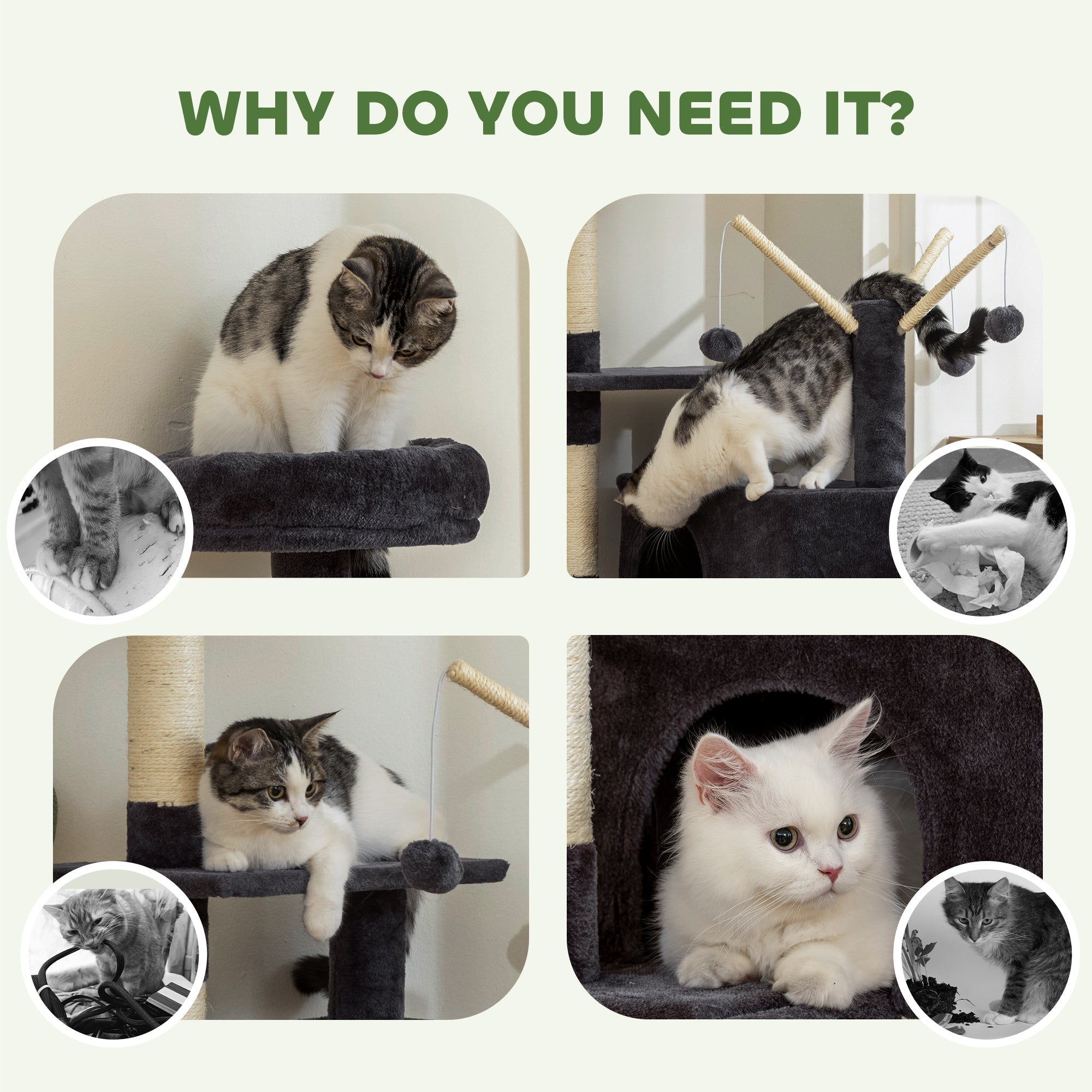 59 Inch Cat Tree, Large Multi-Level Cat Tower with Sisal Scratching Posts, Cozy Condo, Top Perch, Ladder and Interactive Balls for Indoor Kittens, Dark Grey