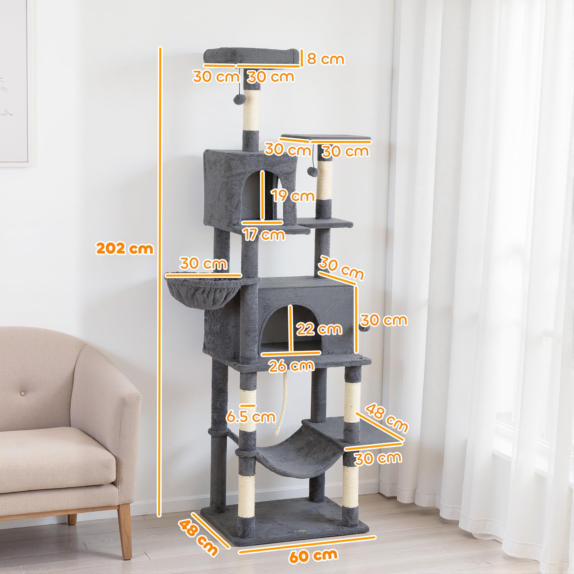 Cat Tree, 202cm Large Cat Tower for Indoor Kittens with 6 Scratching Posts, 2 Condos, 2 Perches, 2 Hammocks, Pompoms, Multi-Level Plush Kitty Activity Centre for Rest and Play, Dark Grey