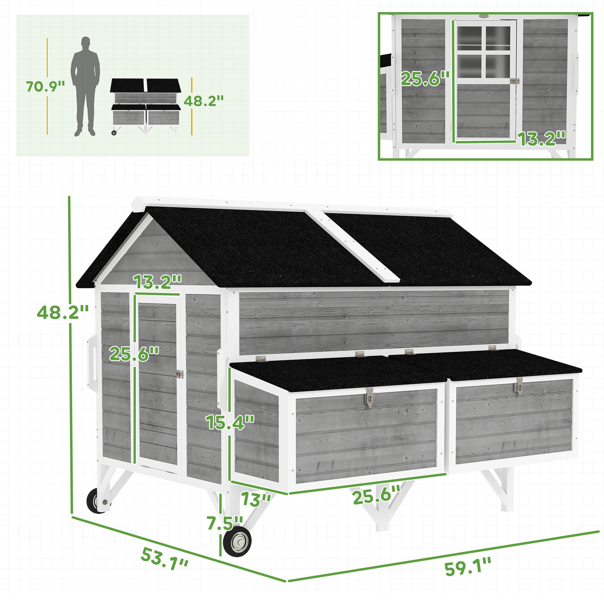 59" Wooden Chicken Coop with Wheels and Handles, Mobile Chicken House with 2 Nesting Boxes, 2 Trays, 4 Perches, Chicken Tractor for 4-6 Chickens, Small Animals, Rabbit Hutch for Backyard, Gray