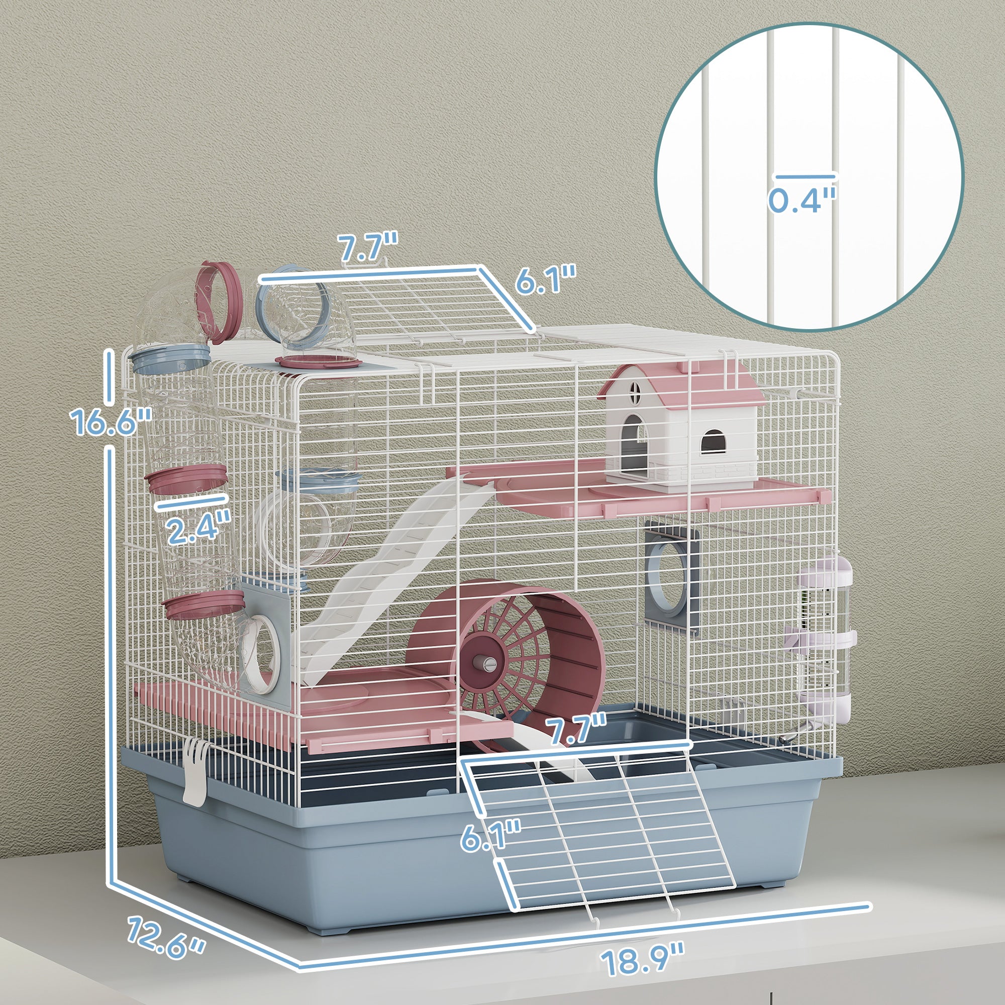 Hamster Cage, 3-Tier Gerbil Cage with Exercise Wheel, Food Bowl, Water Bottle, House, Tunnels, Ramps, Small Animal Habitat for Dwarf Hamster, Blue