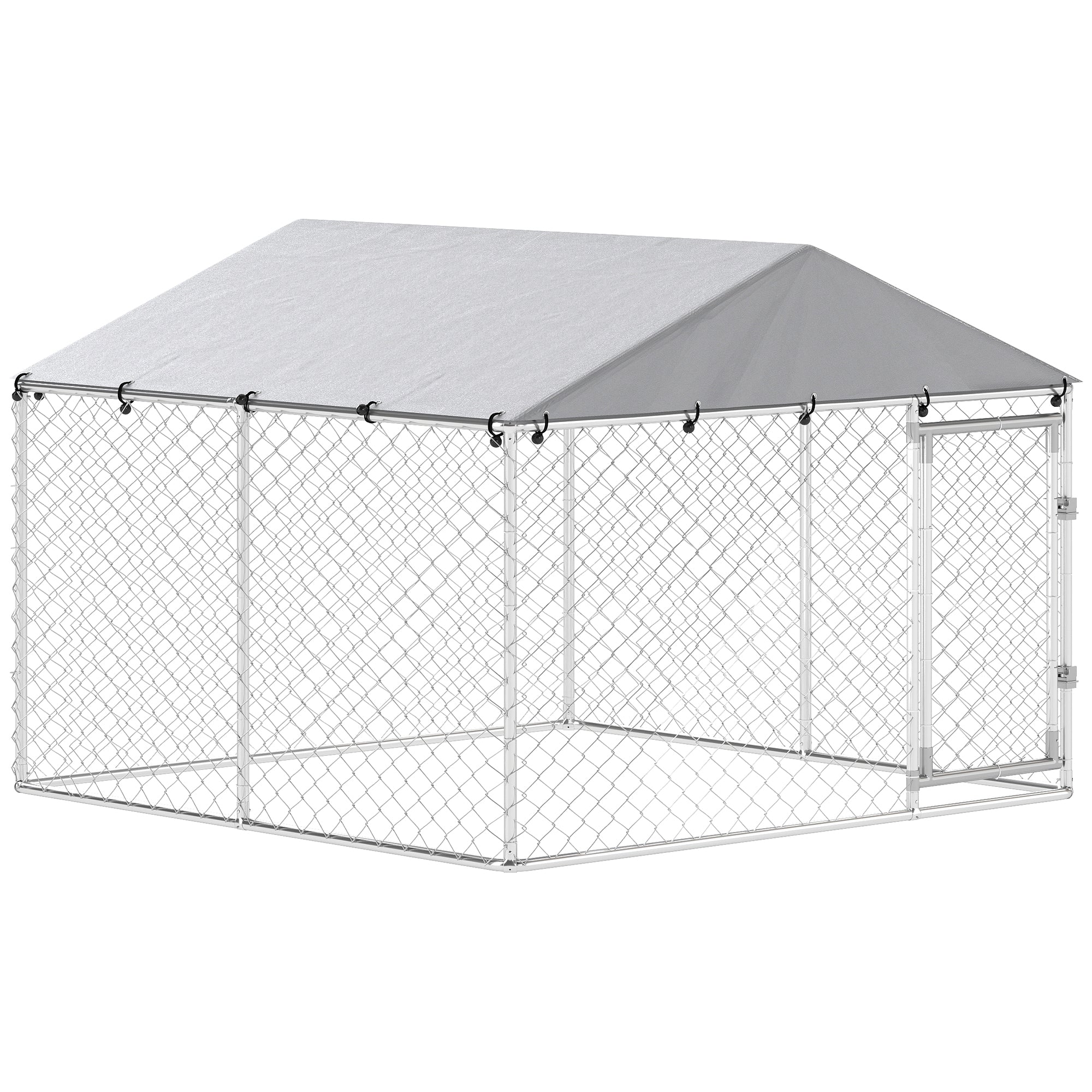 Outdoor Dog Kennel Dog Run with Waterproof, UV Resistant Cover, Dual Lock and Flexible Door for Small and Medium Sized Dogs, Chickens, Ducks, 7.5' x 7.5' x 5.6', Silver