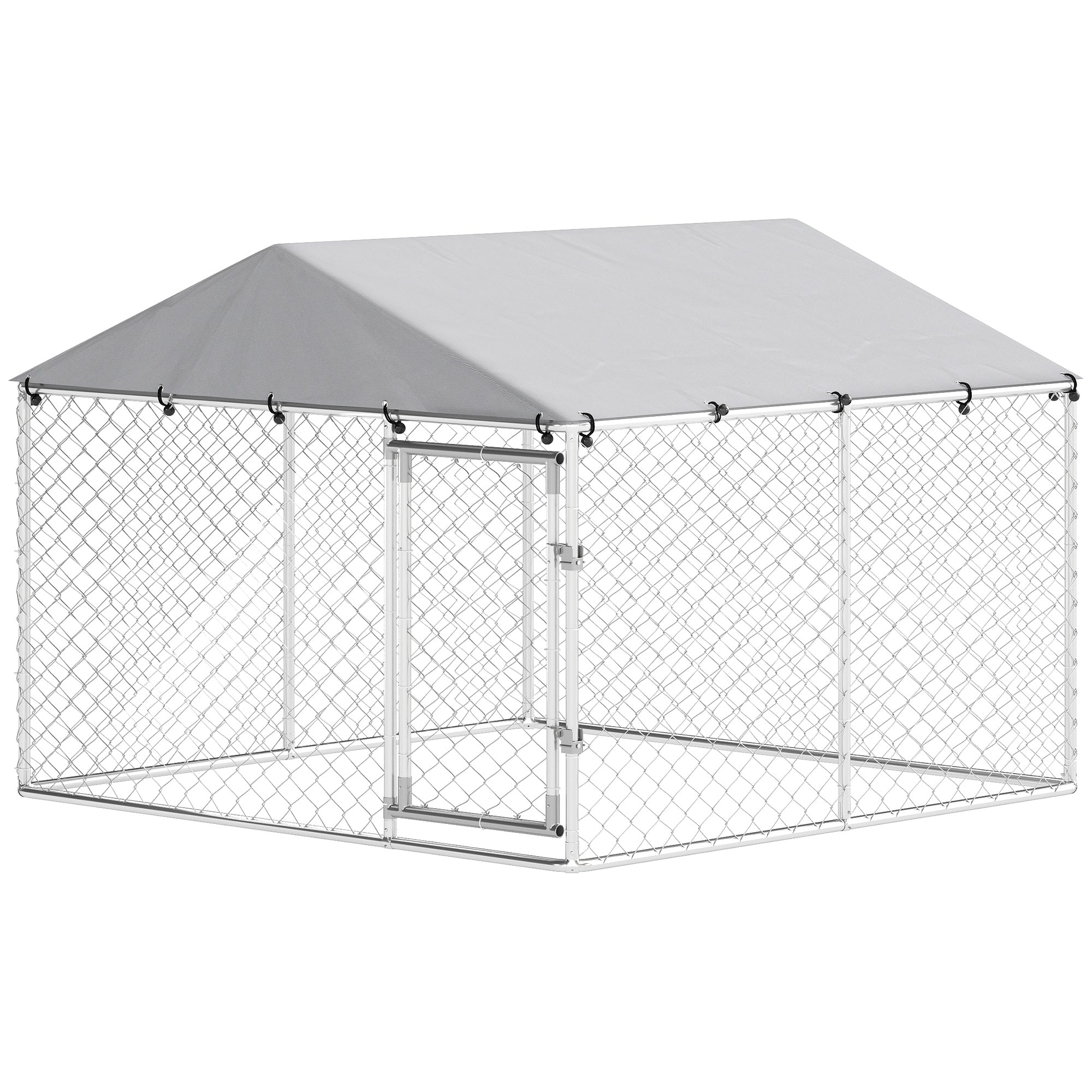 Outdoor Dog Kennel Dog Run with Waterproof, UV Resistant Cover, Dual Lock and Flexible Door for Small and Medium Sized Dogs, Chickens, Ducks, 7.5' x 7.5' x 5.6', Silver