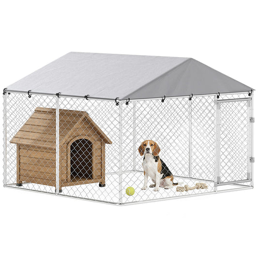 Outdoor Dog Kennel Dog Run with Waterproof, UV Resistant Cover, Dual Lock and Flexible Door for Small and Medium Sized Dogs, Chickens, Ducks, 7.5' x 7.5' x 5.6', Silver