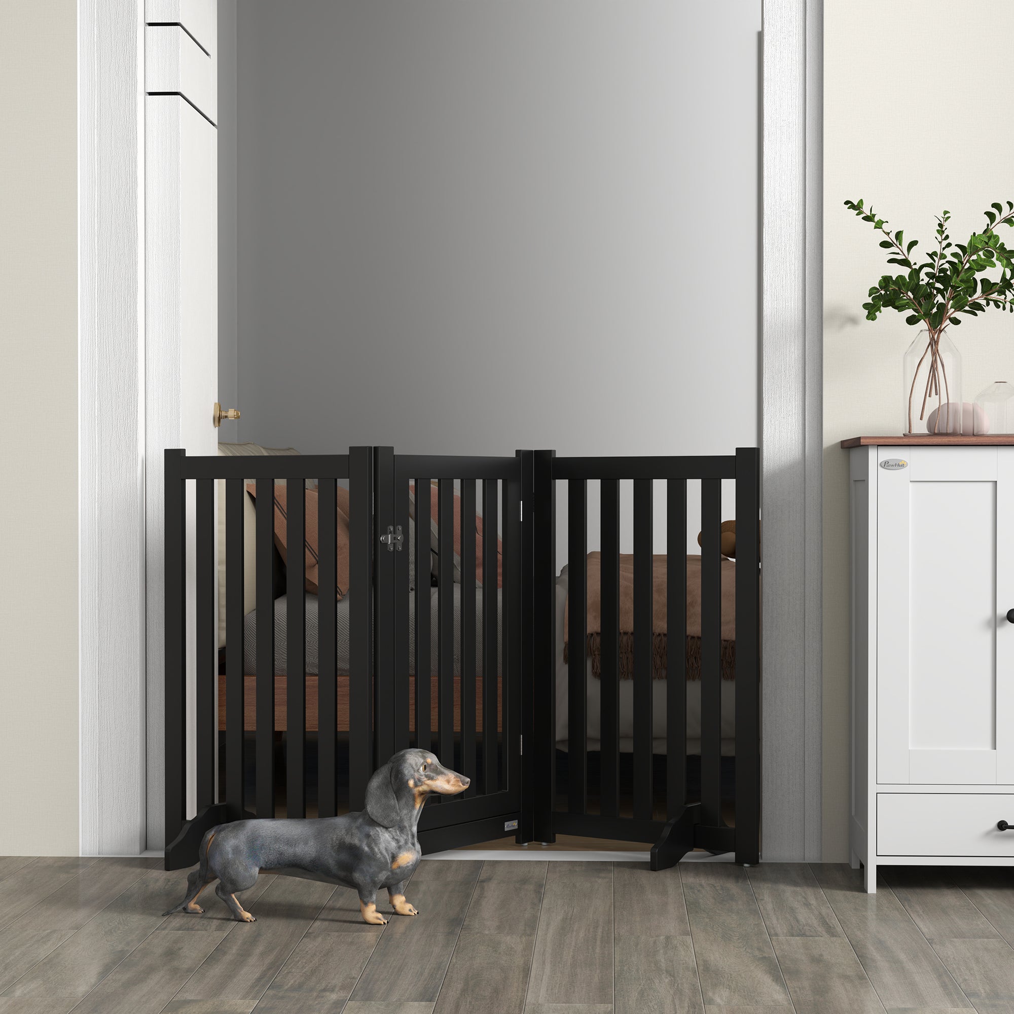 31.5"H Foldable Dog Gate with Door, 3 Panels Freestanding Pet Gate Barriers Indoor with Support Feet, Puppy Fence for Small Medium Dogs, Black