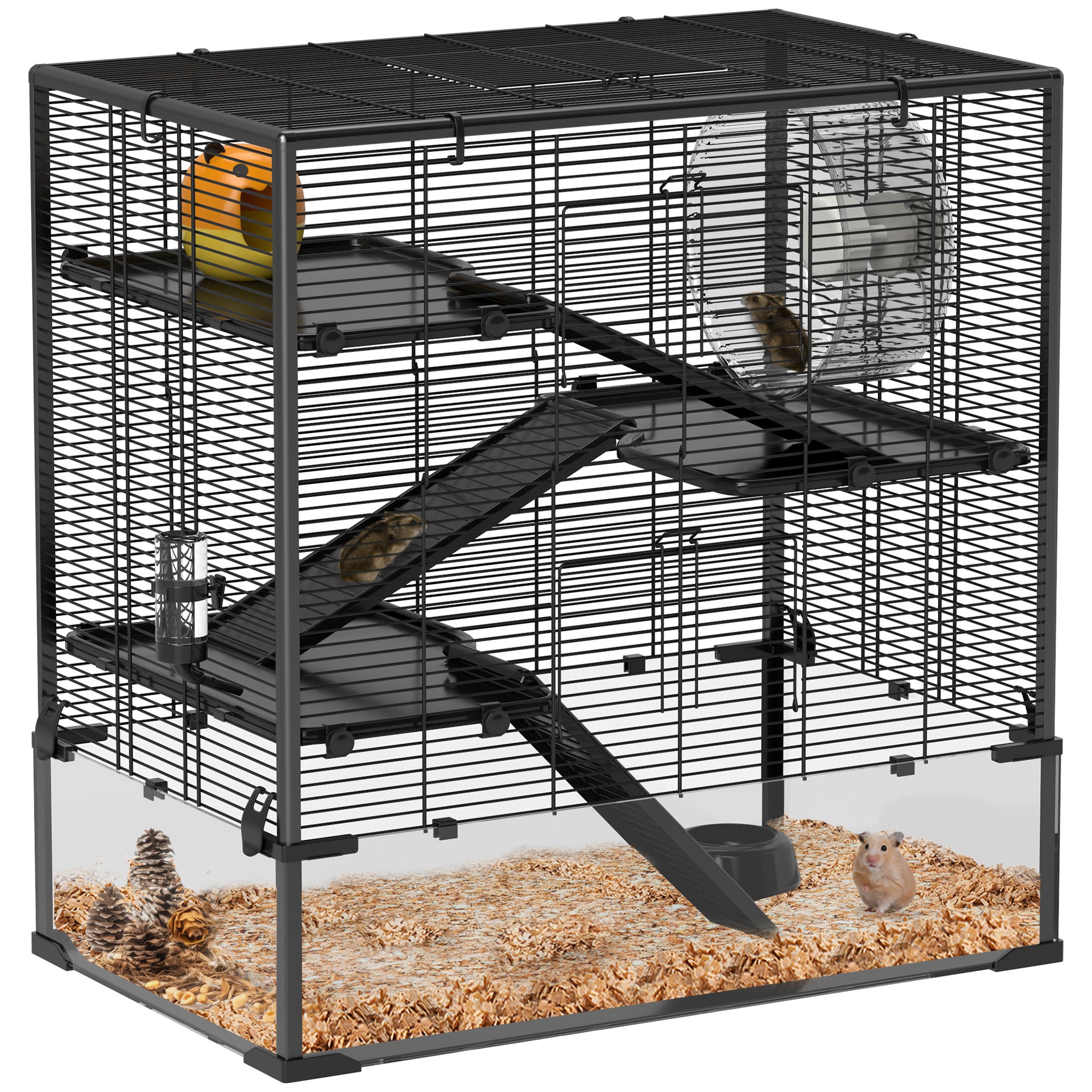 PawHut Large Hamster Cage with Deep Tempered Glass Bottom, 4 Tiers Hamster Tank with Running Wheel, Hut, Water Bottle, Dish, Rat Cage for Syrian, Dwarf, Gerbils, Mouse, 31" x 19" x 31.5", Black