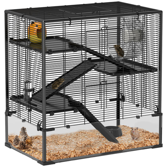 Hamster Cage with Deep Tempered Glass Bottom, 4 Tier Large Hamster Tank with Hut, Running Wheel, Platforms, Ramps, Food Dish, Water Bottle, for Syrian, Dwarf, Rats, Gerbils, 78.5 x 48.5 x 80cm
