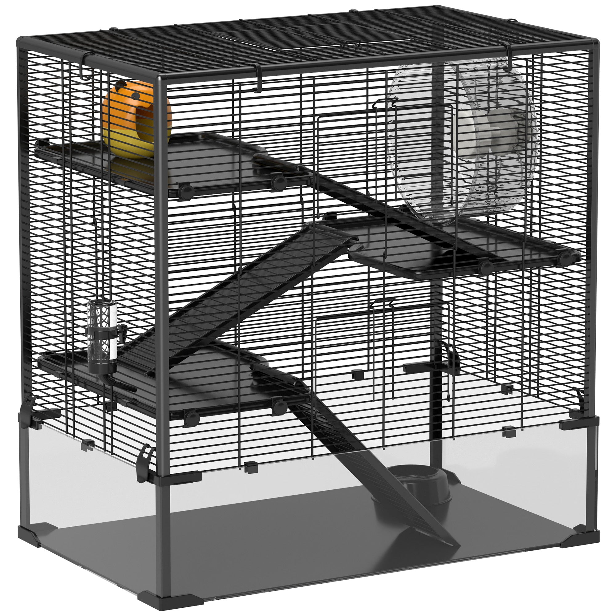 PawHut Large Hamster Cage with Deep Tempered Glass Bottom, 4 Tiers Hamster Tank with Running Wheel, Hut, Water Bottle, Dish, Rat Cage for Syrian, Dwarf, Gerbils, Mouse, 31" x 19" x 31.5", Black