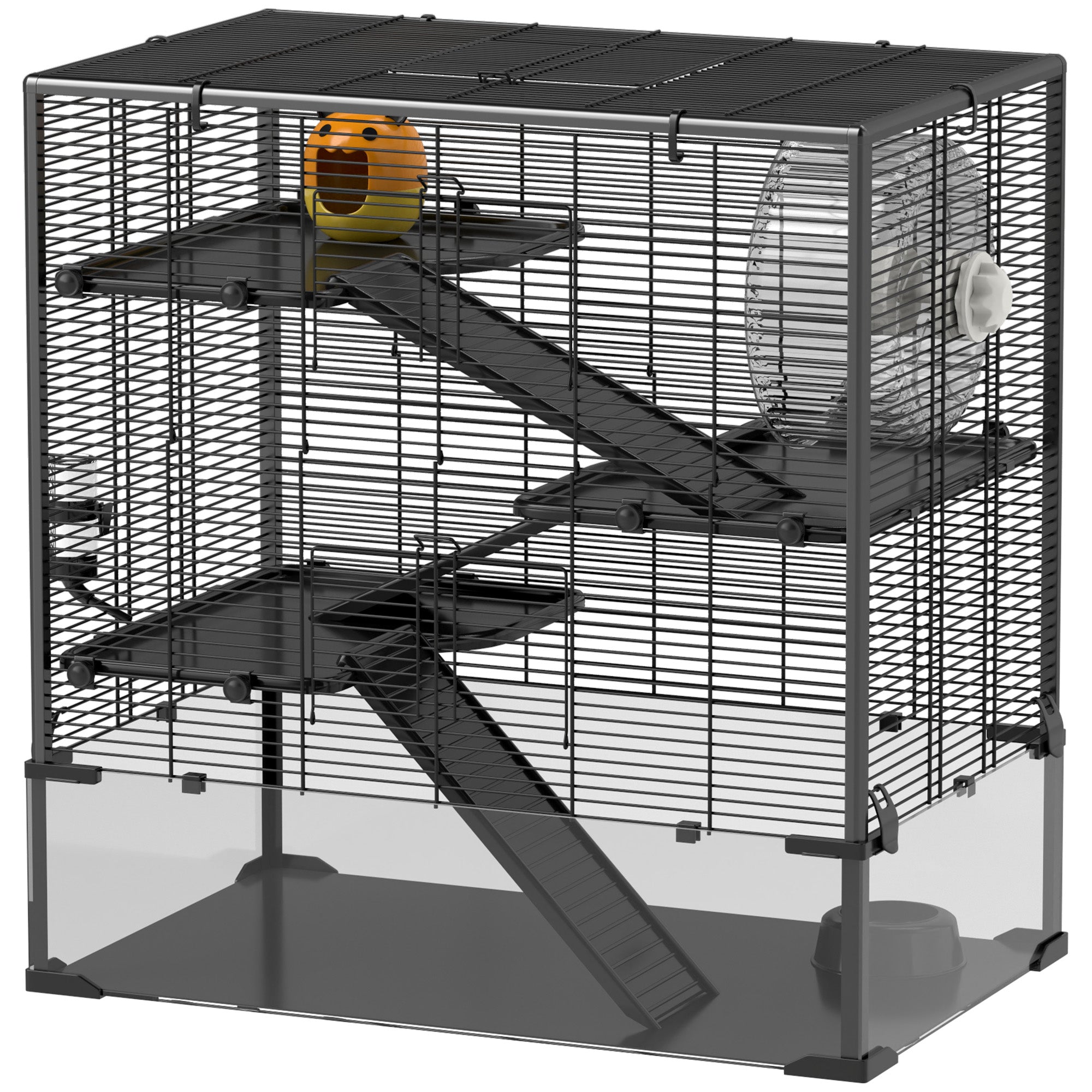 PawHut Large Hamster Cage with Deep Tempered Glass Bottom, 4 Tiers Hamster Tank with Running Wheel, Hut, Water Bottle, Dish, Rat Cage for Syrian, Dwarf, Gerbils, Mouse, 31" x 19" x 31.5", Black