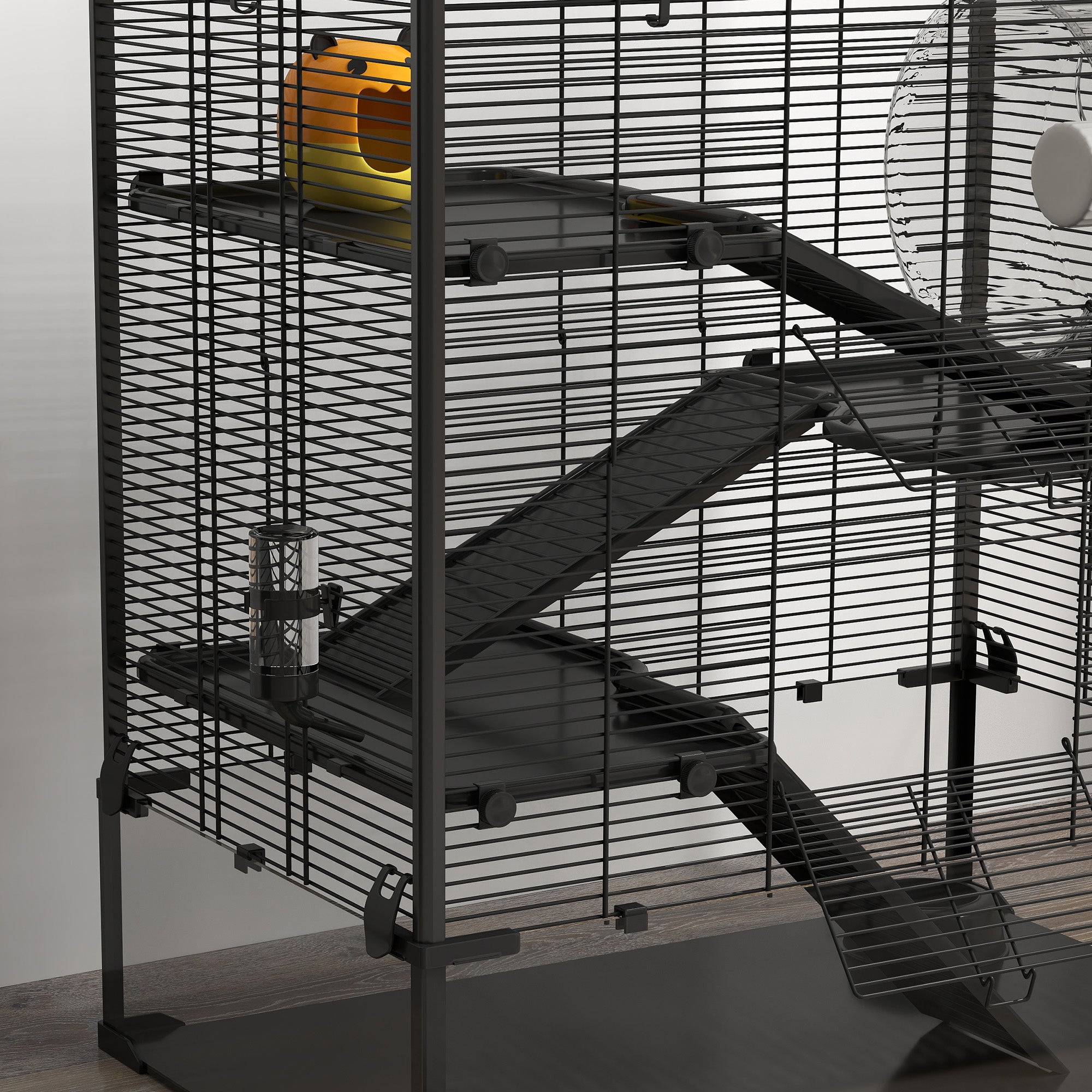 PawHut Large Hamster Cage with Deep Tempered Glass Bottom, 4 Tiers Hamster Tank with Running Wheel, Hut, Water Bottle, Dish, Rat Cage for Syrian, Dwarf, Gerbils, Mouse, 31" x 19" x 31.5", Black
