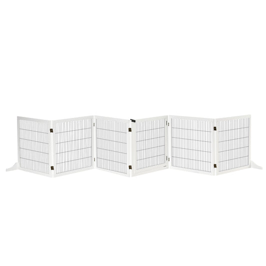 Wooden Pet Gate, Dog Safety Barrier, Freestanding Foldable Fence, w/ 6 Panels, 2 Support Feet, for House Doorway Stairs, Small & Medium Dogs, White