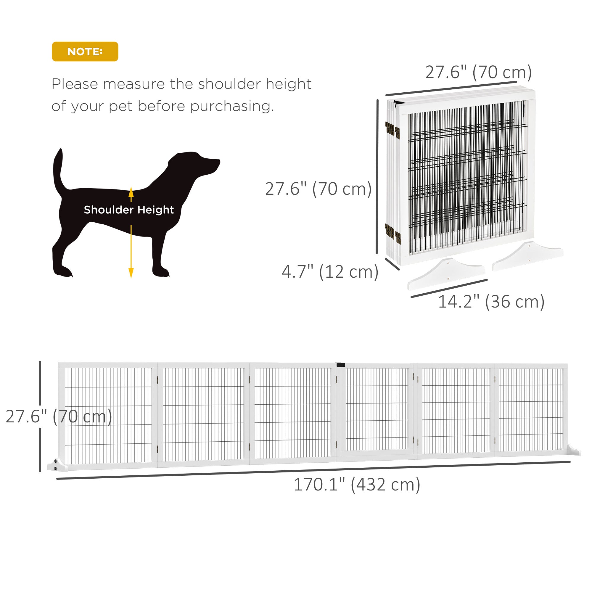Wooden Pet Gate, Dog Safety Barrier, Freestanding Foldable Fence, w/ 6 Panels, 2 Support Feet, for House Doorway Stairs, Small & Medium Dogs, White