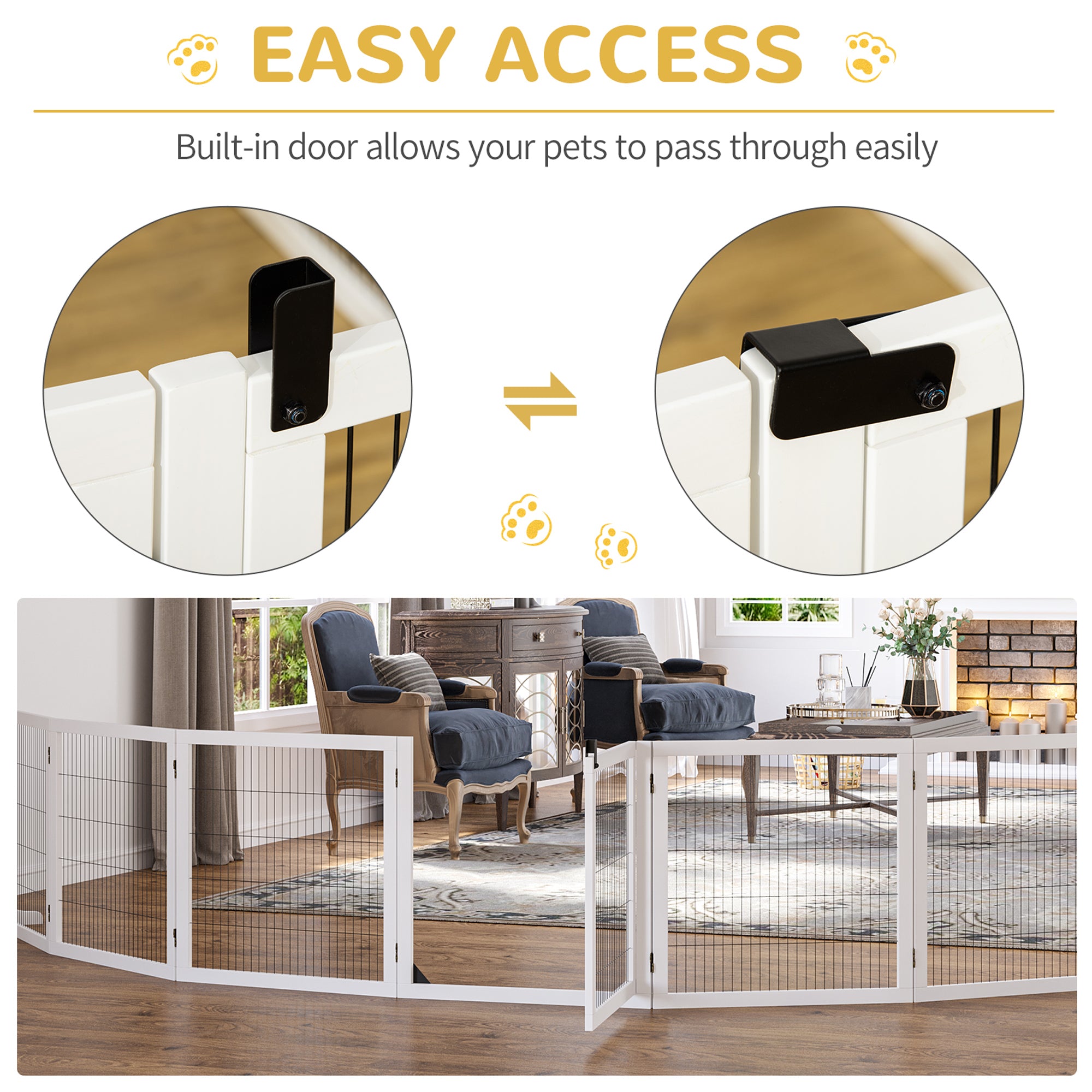Wooden Pet Gate, Dog Safety Barrier, Freestanding Foldable Fence, w/ 6 Panels, 2 Support Feet, for House Doorway Stairs, Small & Medium Dogs, White