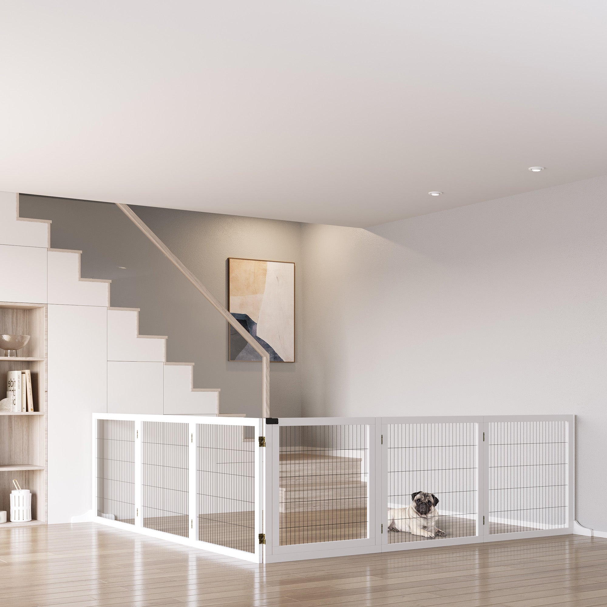 Wooden Pet Gate, Dog Safety Barrier, Freestanding Foldable Fence, w/ 6 Panels, 2 Support Feet, for House Doorway Stairs, Small & Medium Dogs, White
