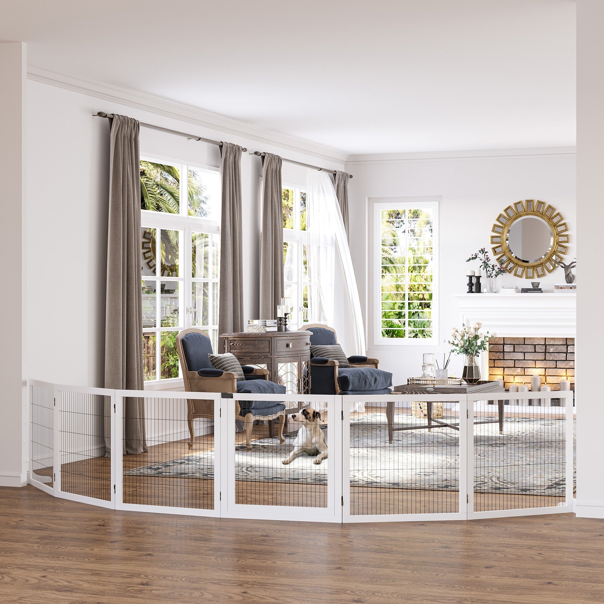 Wooden Pet Gate, Dog Safety Barrier, Freestanding Foldable Fence, w/ 6 Panels, 2 Support Feet, for House Doorway Stairs, Small & Medium Dogs, White