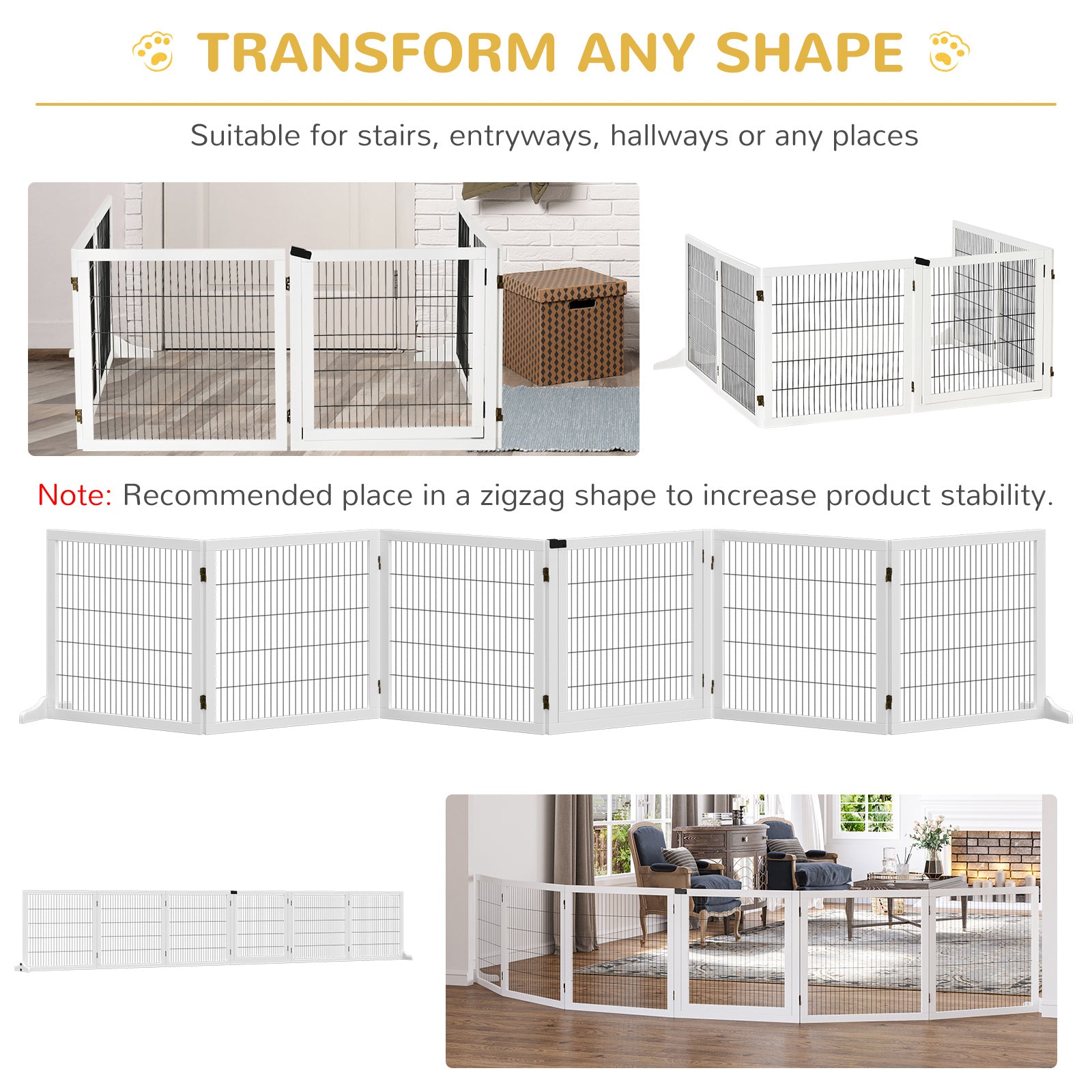 Wooden Pet Gate, Dog Safety Barrier, Freestanding Foldable Fence, w/ 6 Panels, 2 Support Feet, for House Doorway Stairs, Small & Medium Dogs, White