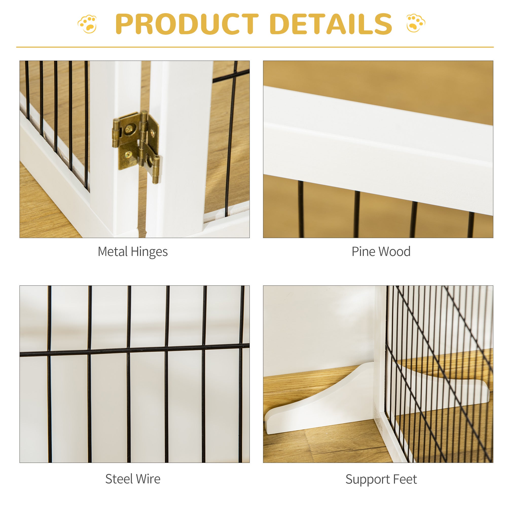Wooden Pet Gate, Dog Safety Barrier, Freestanding Foldable Fence, w/ 6 Panels, 2 Support Feet, for House Doorway Stairs, Small & Medium Dogs, White