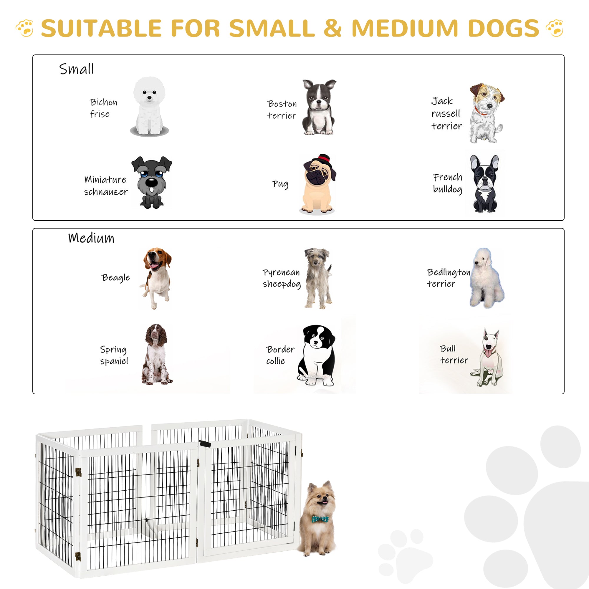 Wooden Pet Gate, Dog Safety Barrier, Freestanding Foldable Fence, w/ 6 Panels, 2 Support Feet, for House Doorway Stairs, Small & Medium Dogs, White