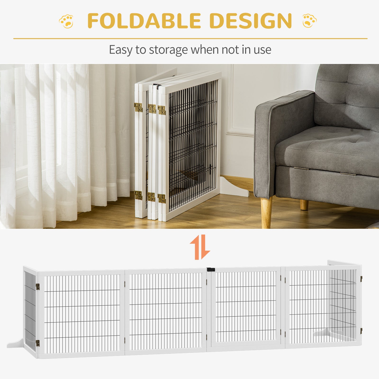 Wooden Pet Gate, Dog Safety Barrier, Freestanding Foldable Fence, w/ 6 Panels, 2 Support Feet, for House Doorway Stairs, Small & Medium Dogs, White