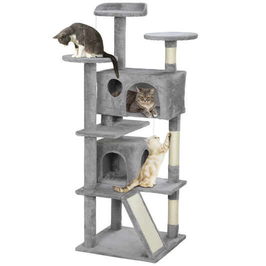 54" Cat Tree, Cat Tower for Indoor Cats with Scratching Posts, Cat Condos, Bed, Platforms, Ramp, Toy Ball, Cat Activity Center, Light Grey
