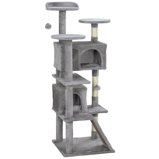 54" Cat Tree, Cat Tower for Indoor Cats with Scratching Posts, Cat Condos, Bed, Platforms, Ramp, Toy Ball, Cat Activity Center, Light Grey