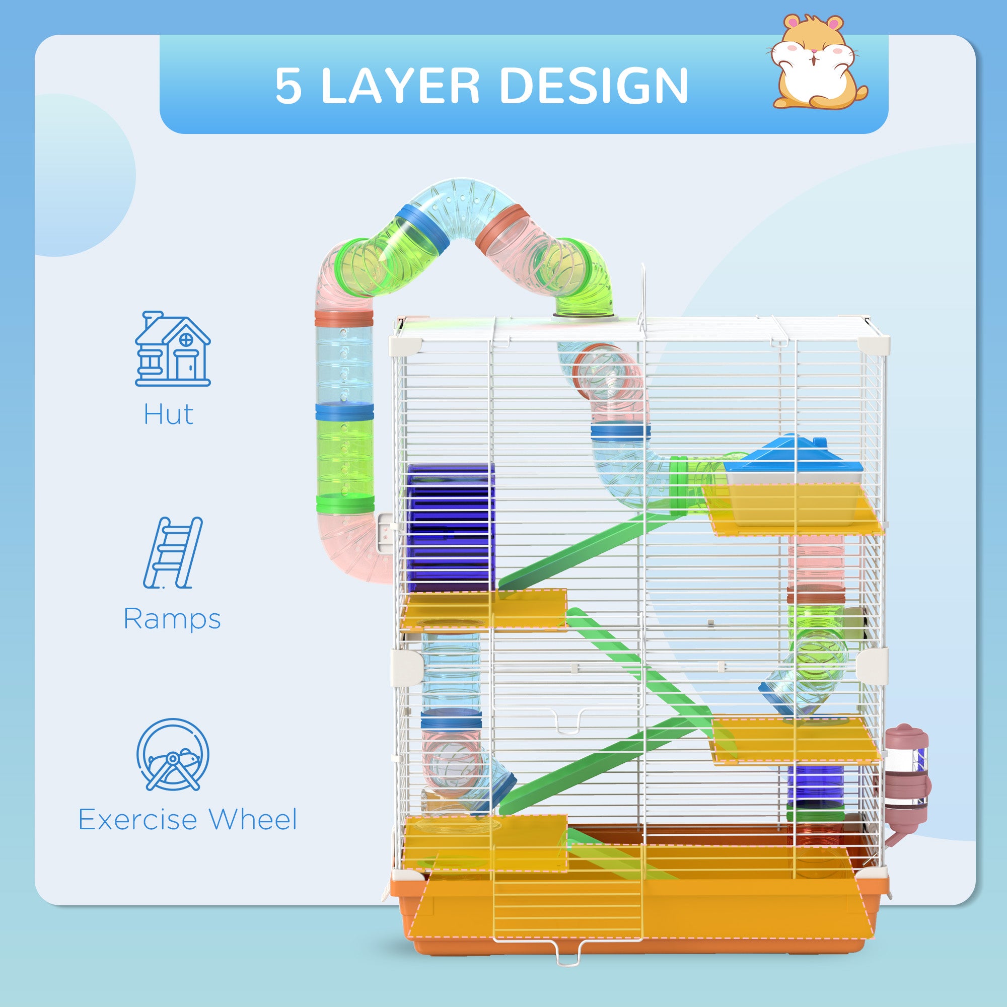 5 Tiers Hamster Cage Portable Animal Travel Carrier Habitat with Exercise Wheels Play Tube Water Bottle Dishes House Ladder for Gerbils, Orange
