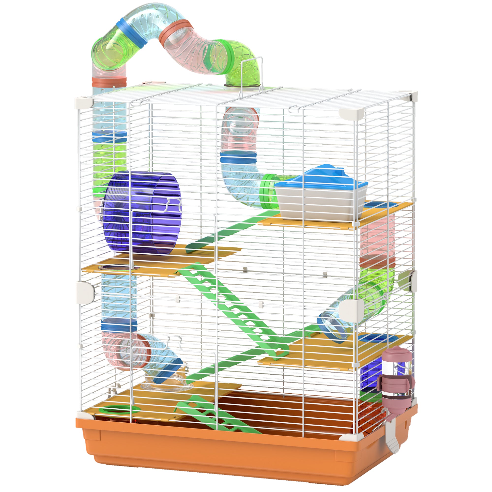 5 Tiers Hamster Cage Portable Animal Travel Carrier Habitat with Exercise Wheels Play Tube Water Bottle Dishes House Ladder for Gerbils, Orange