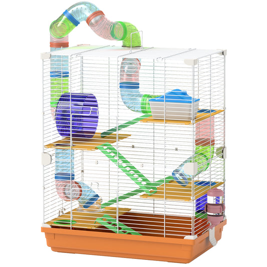 5 Tiers Hamster Cage Portable Animal Travel Carrier Habitat with Exercise Wheels Play Tube Water Bottle Dishes House Ladder for Gerbils, Orange