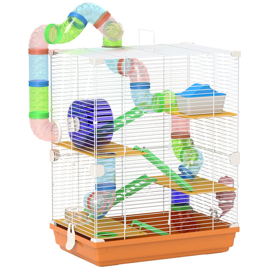 5 Tier Hamster Cage, Gerbil Cage with Tube Exercise Wheels, Tunnel, Water Bottle, Dishes, 58H x 46L x 30Wcm, Orange