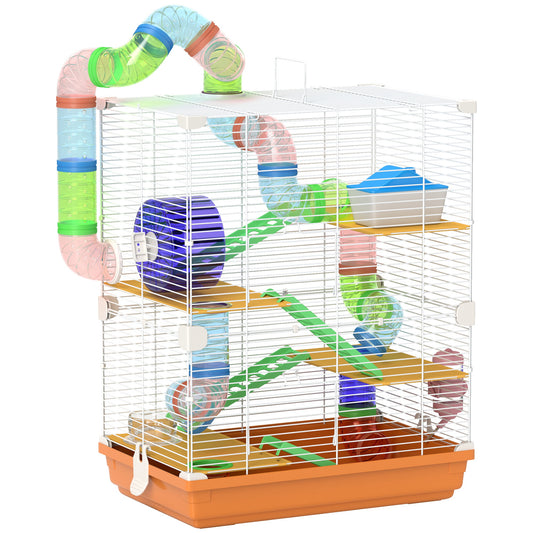 5 Tiers Hamster Cage Portable Animal Travel Carrier Habitat with Exercise Wheels Play Tube Water Bottle Dishes House Ladder for Gerbils, Orange