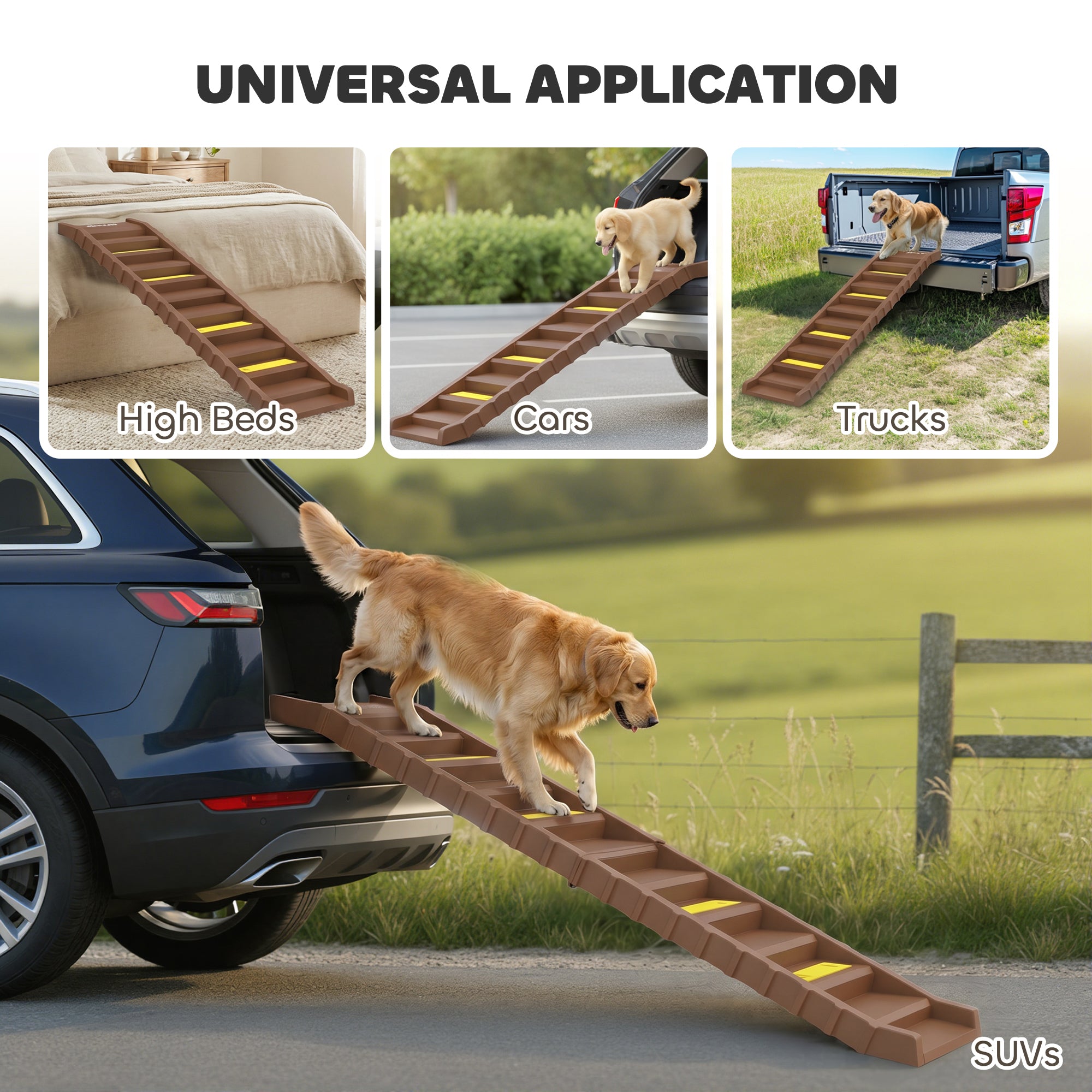 Dog Ramp for Cars, Trucks, SUVs, Foldable 10 Step Pet Stairs Non-Slip for Small to Medium Dogs, Lightweight Pet Ramp Supports up to 150 lbs., for Indoor Outdoor, Brown
