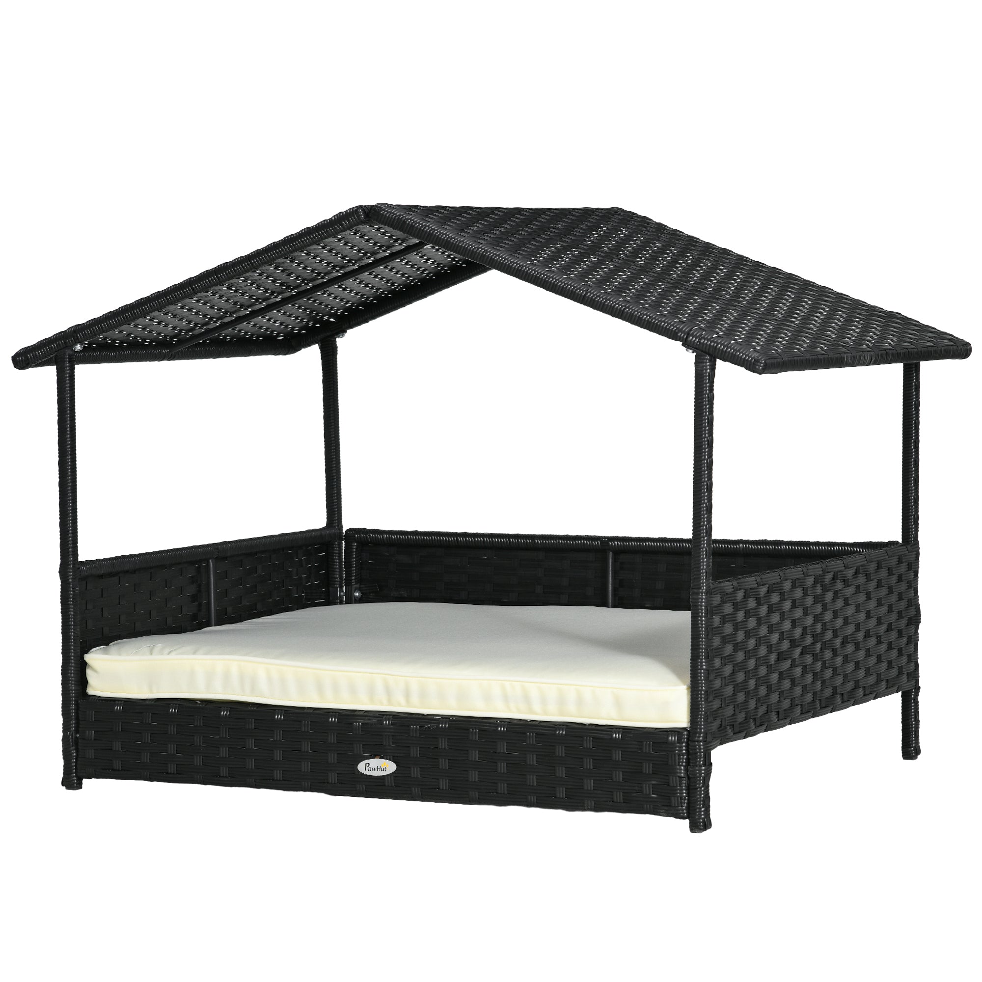 PawHut Wicker Dog House Outdoor with Canopy, Rattan Dog Bed with Water-resistant Cushion, Raised Dog Bed for Small, Medium Dogs up to 66 lbs, 19.75" in Length, Black Wicker, White Cushion