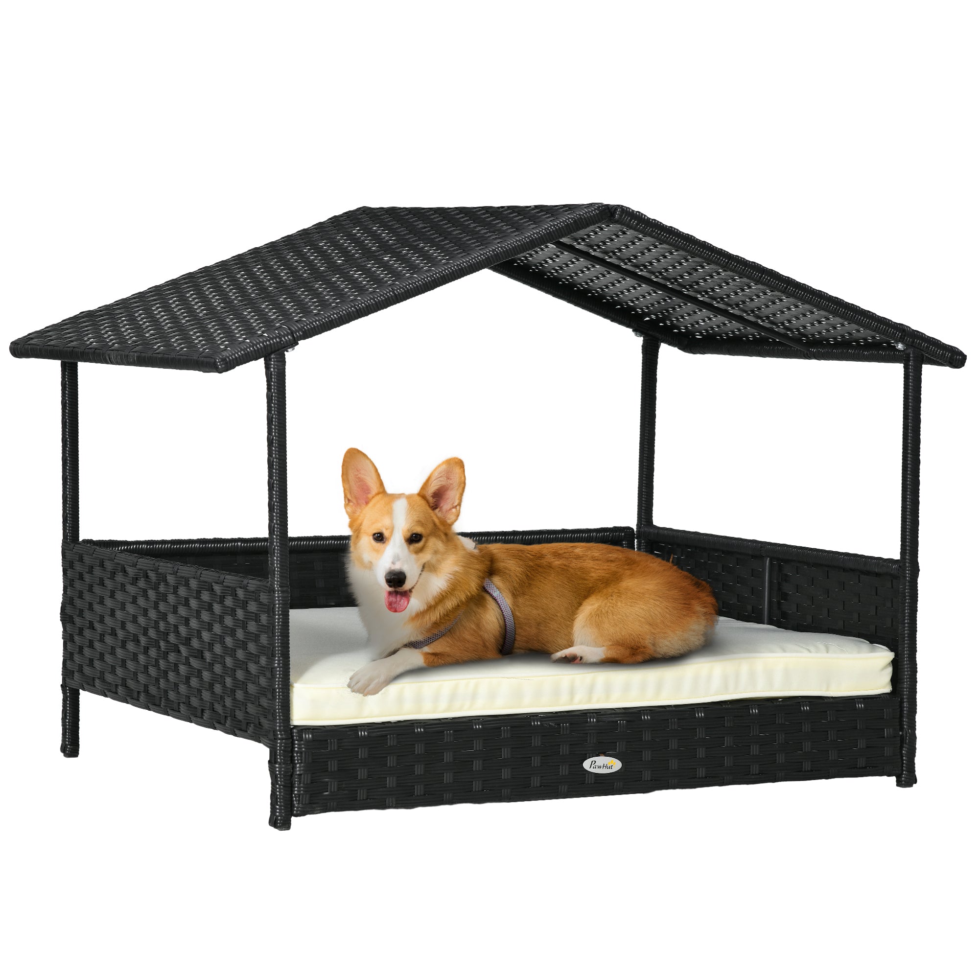 PawHut Wicker Dog House Outdoor with Canopy, Rattan Dog Bed with Water-resistant Cushion, Raised Dog Bed for Small, Medium Dogs up to 66 lbs, 19.75" in Length, Black Wicker, White Cushion