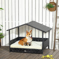 Load image into Gallery viewer, PawHut Wicker Dog House Outdoor with Canopy, Rattan Dog Bed with Water-resistant Cushion, Raised Dog Bed for Small, Medium Dogs up to 66 lbs, 19.75" in Length, Black Wicker, White Cushion
