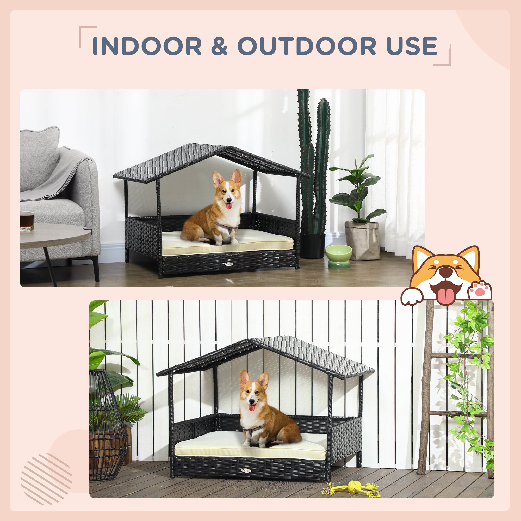 PawHut Wicker Dog House Outdoor with Canopy, Rattan Dog Bed with Water-resistant Cushion, Raised Dog Bed for Small, Medium Dogs up to 66 lbs, 19.75" in Length, Black Wicker, White Cushion