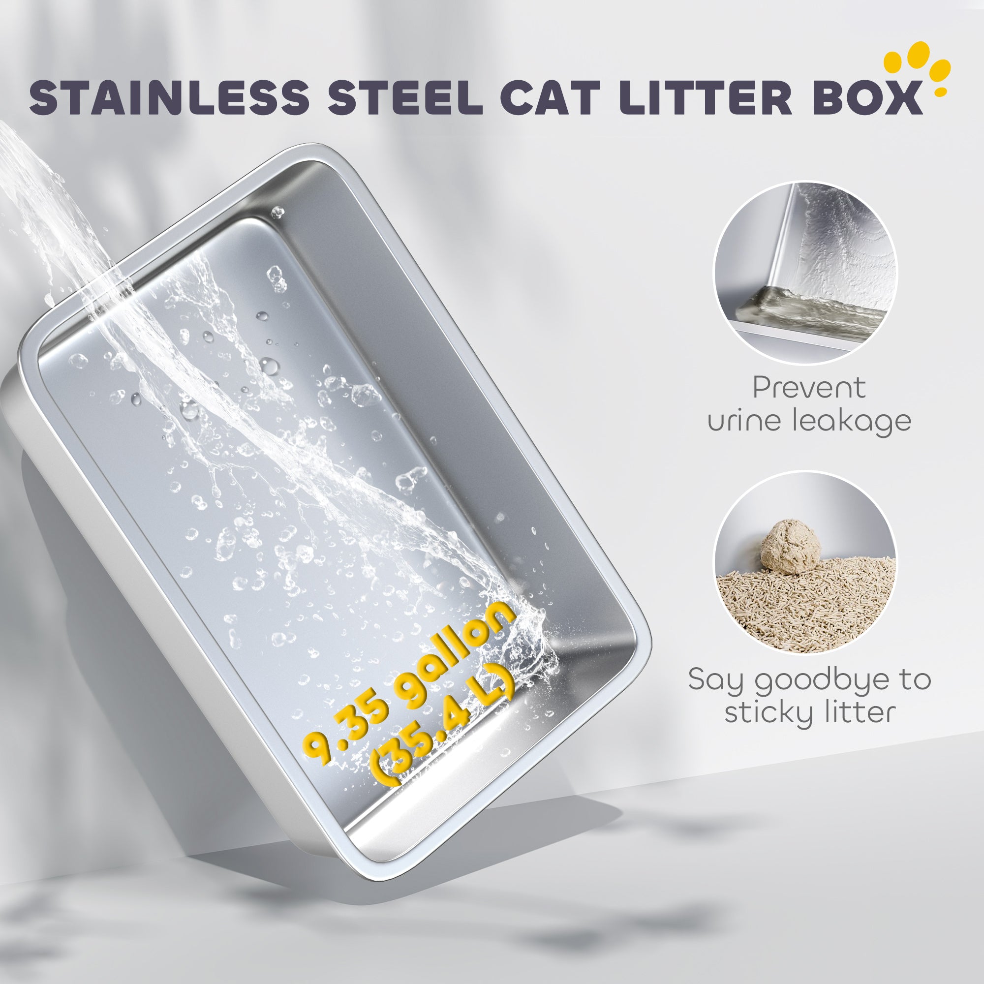 Stainless Steel Cat Litter Box with Lid, Metal Litter Pan Tray with High Sided, Scoop, 34.5L, Easy Clean, Non-Sticky & Anti-Leakage, Light Grey