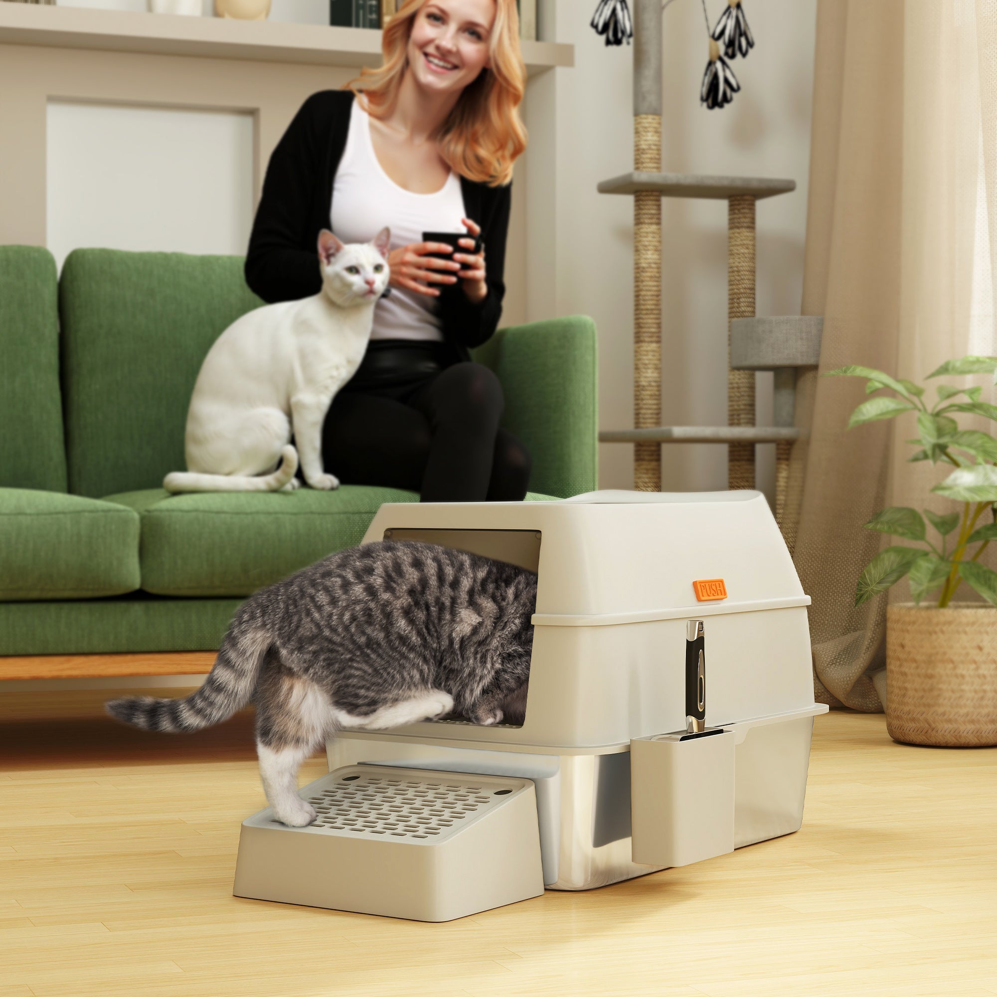 Stainless Steel Cat Litter Box with Lid, Metal Litter Pan Tray with High Sided, Scoop, 34.5L, Easy Clean, Non-Sticky & Anti-Leakage, Light Grey