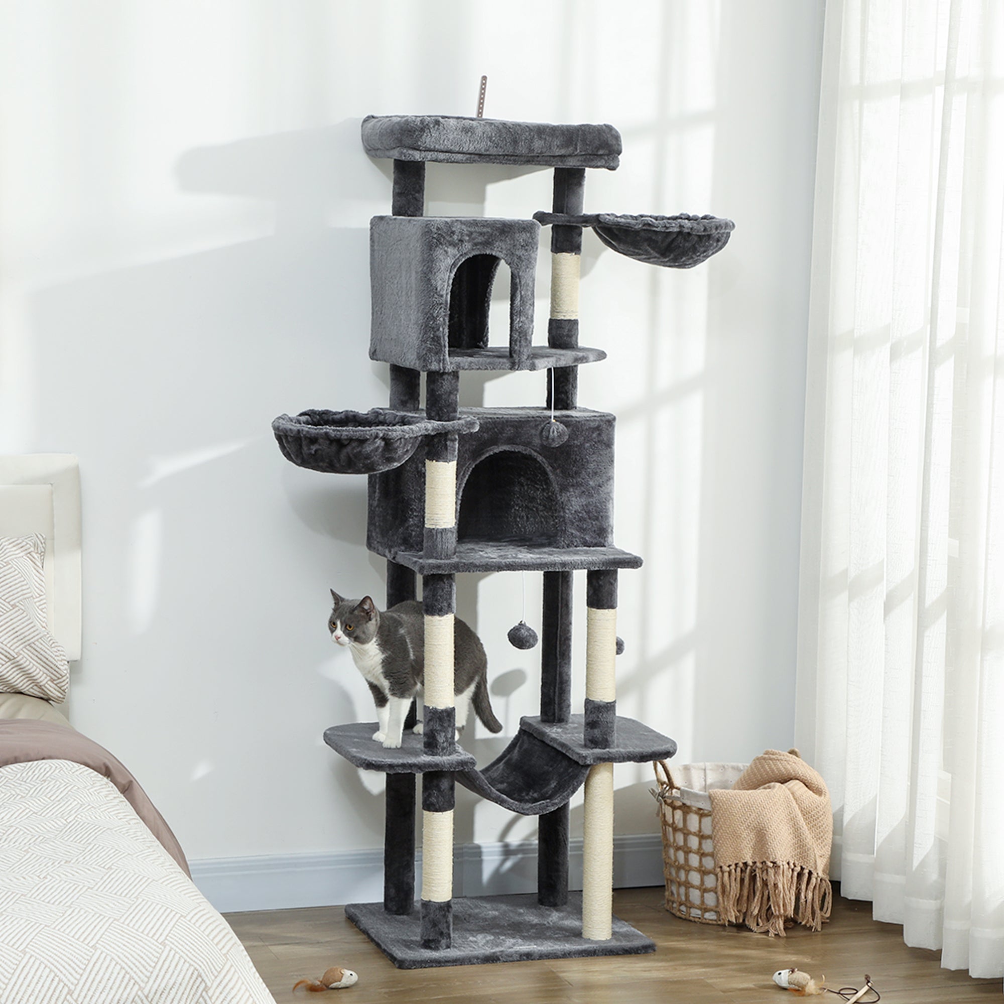 Cat Tree, 69" Cat Tower for Indoor Kittens, Multi-Level Tower with 2 Condos, Scratching Posts, 2 Hammocks, Perches, Pompoms for Multiple Kitties, Dark Grey